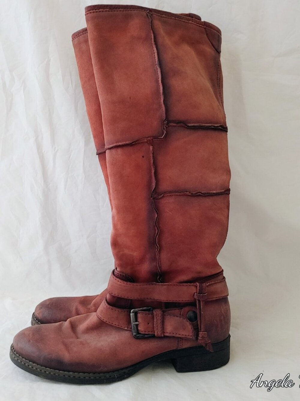 RARE NWOT Rust Red Genuine Leather Tall Patchwork Boots EU 40 - Picture 2 of 10